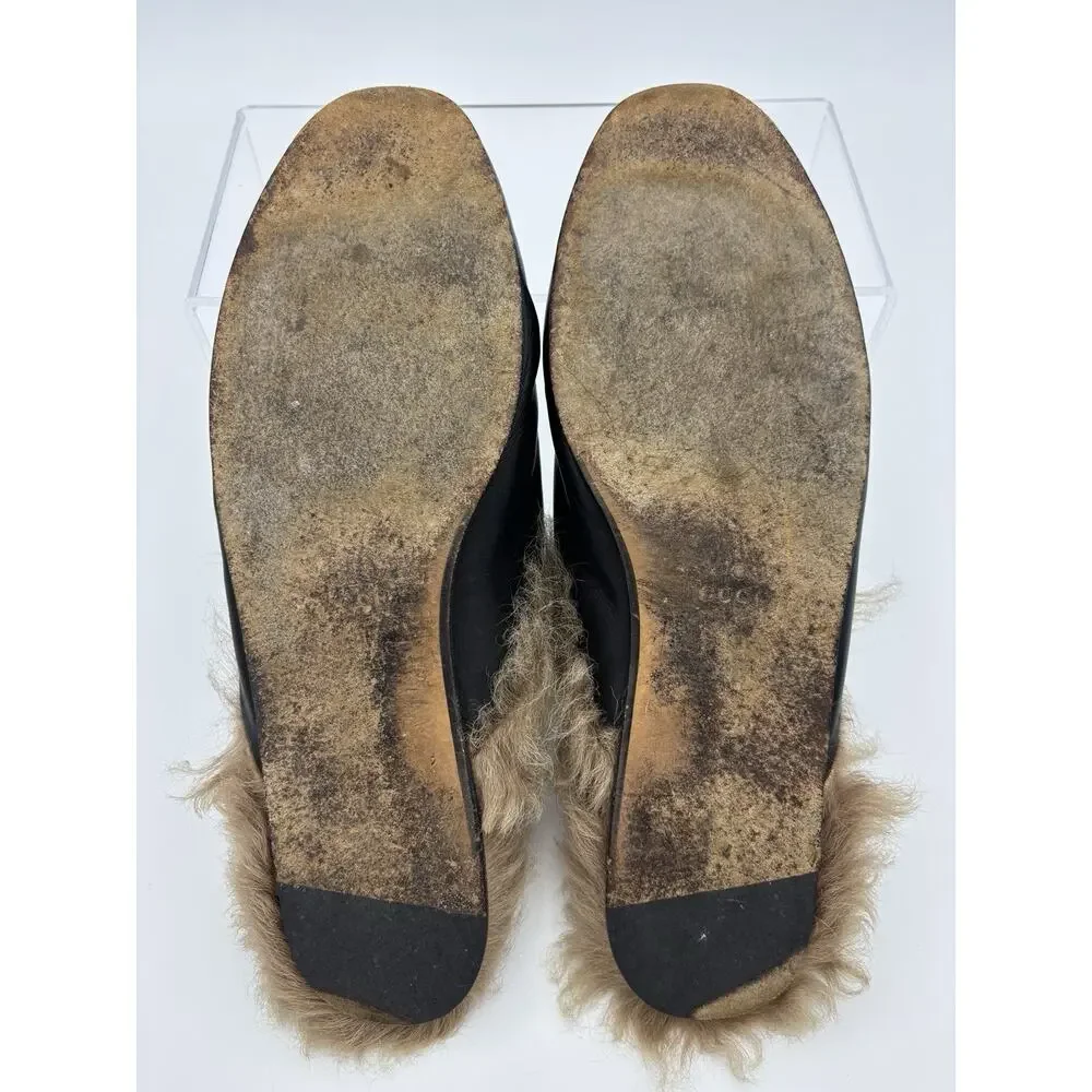 Gucci Princetown Loafer Black Leather Rose Embroidered Horsebit Size 38 / 8 Fur - Picture 5 of 16